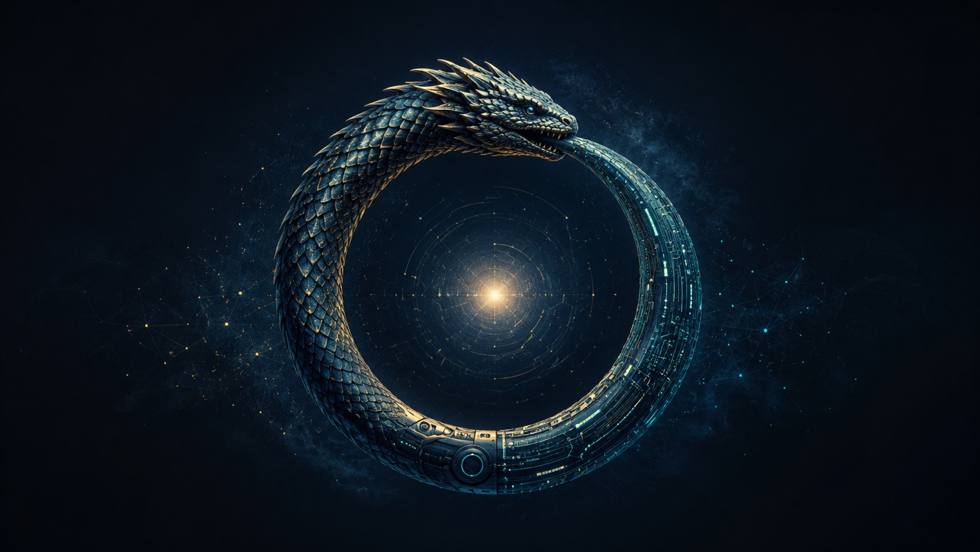 A serpent made of scales and circuitry forming an ouroboros, eating its own tail, encircling a glowing point of light.